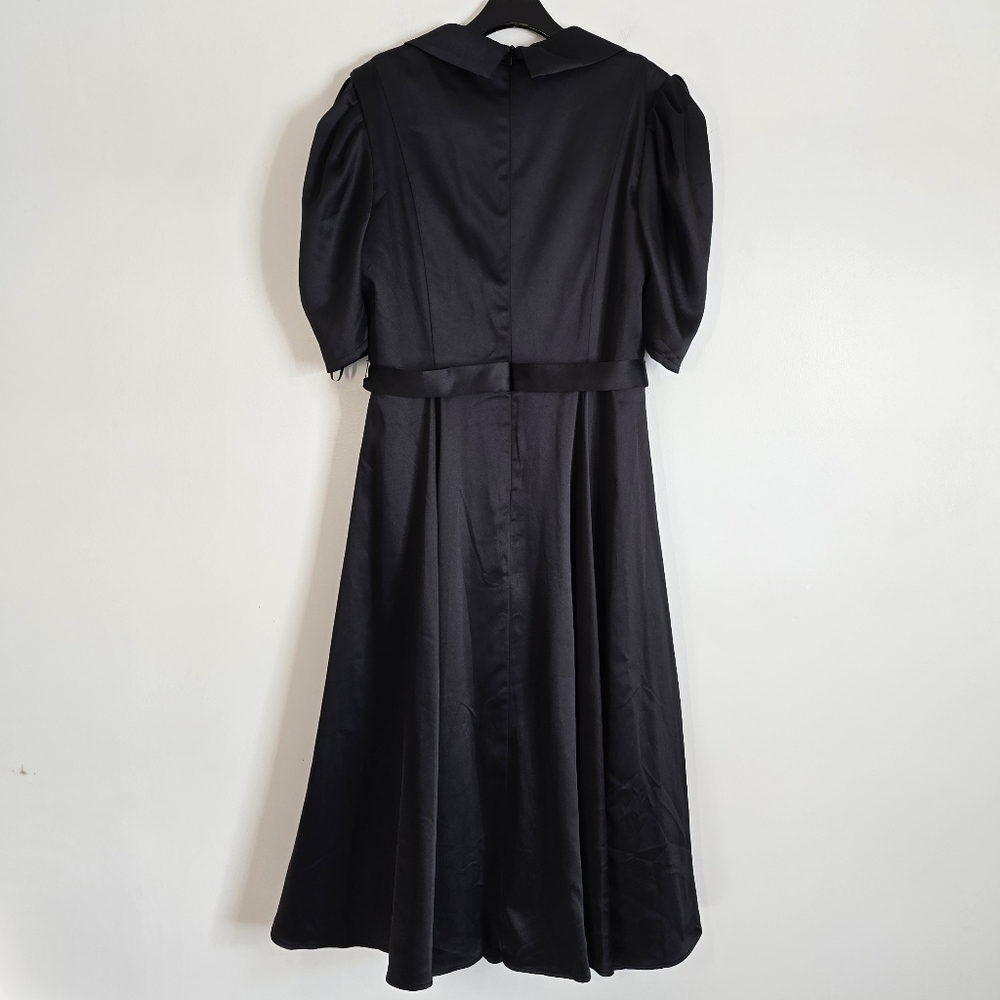Ieena Mac Duggal Satin Lapel Puff Sleeve Tea Dress Black 12 26628 NWT New - Picture 4 of 9